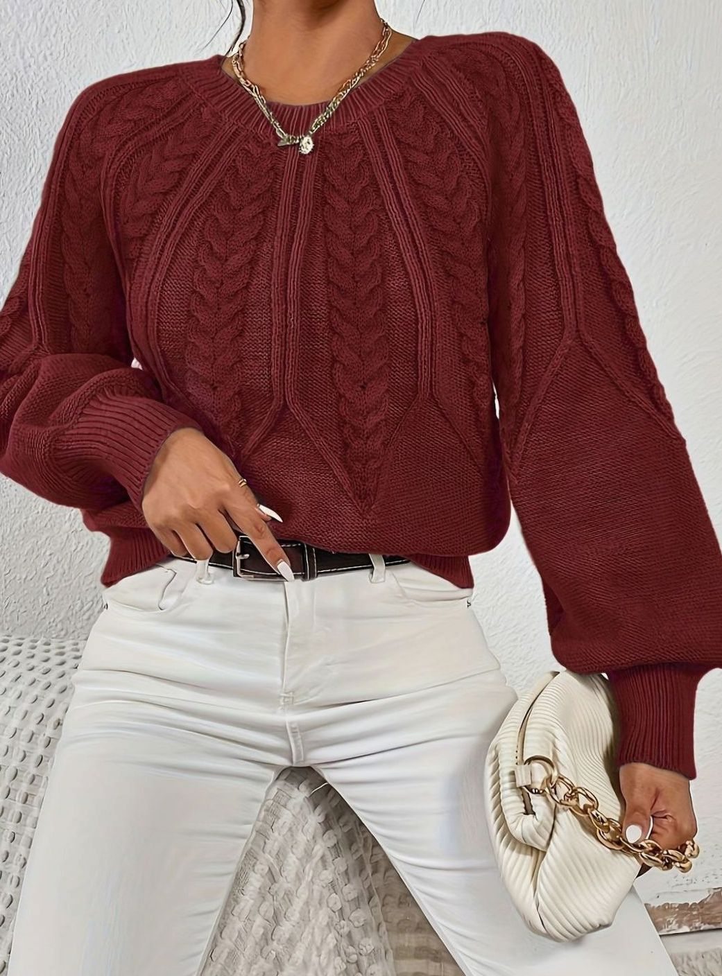 Women's Relaxed Cable-Knit Lantern Sleeve Sweater