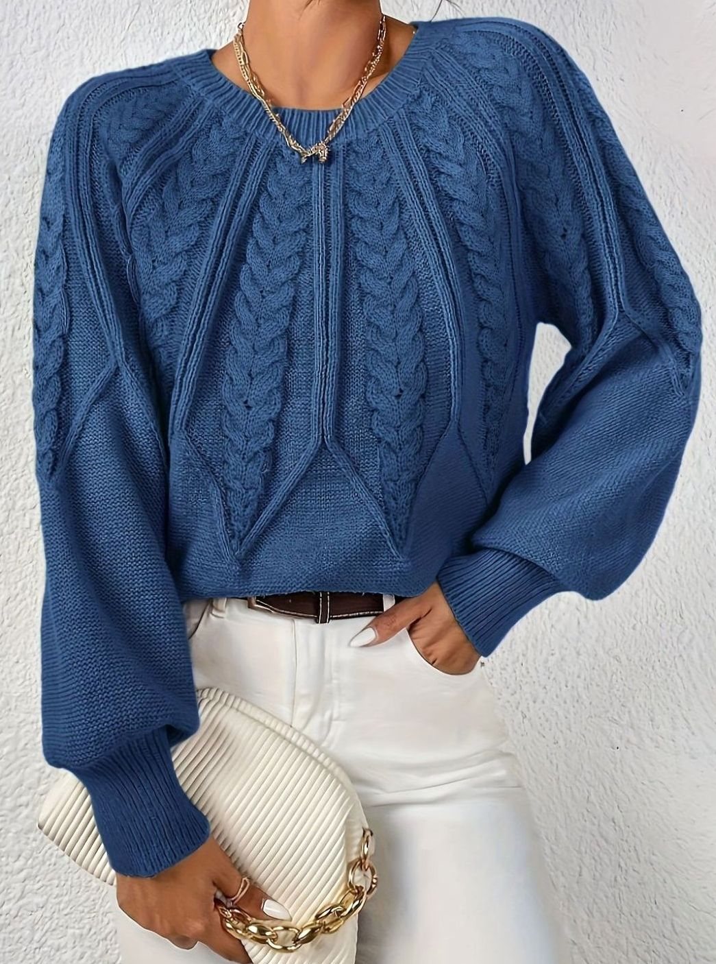Women's Relaxed Cable-Knit Lantern Sleeve Sweater