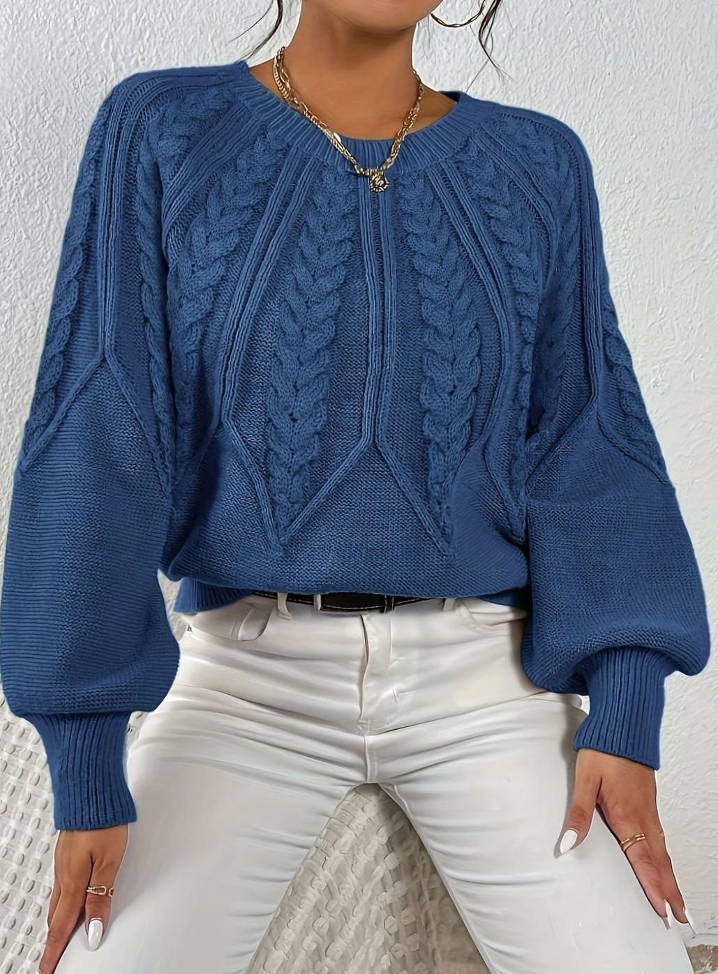Women's Relaxed Cable-Knit Lantern Sleeve Sweater
