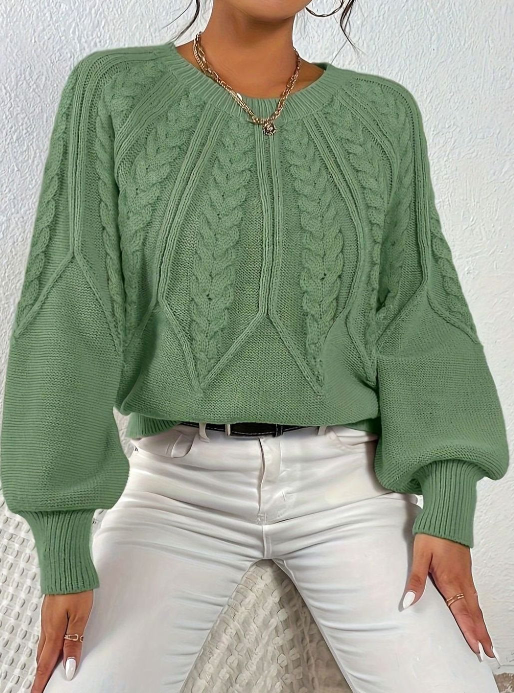Women's Relaxed Cable-Knit Lantern Sleeve Sweater