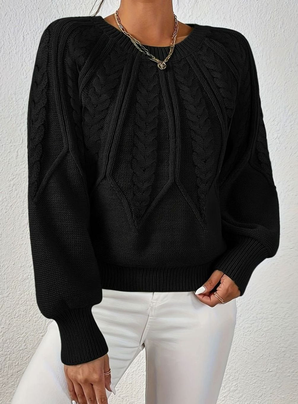 Women's Relaxed Cable-Knit Lantern Sleeve Sweater
