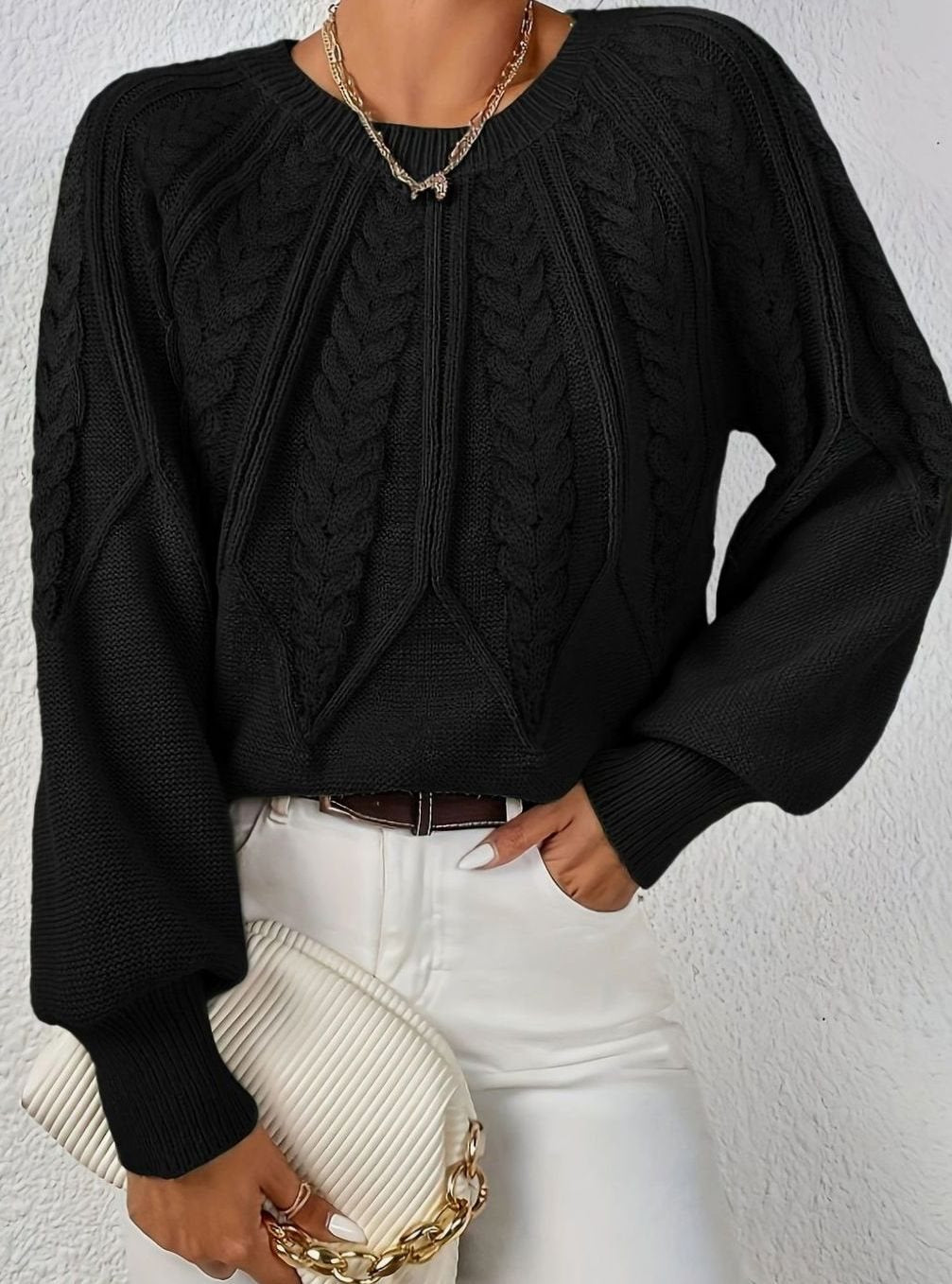 Women's Relaxed Cable-Knit Lantern Sleeve Sweater