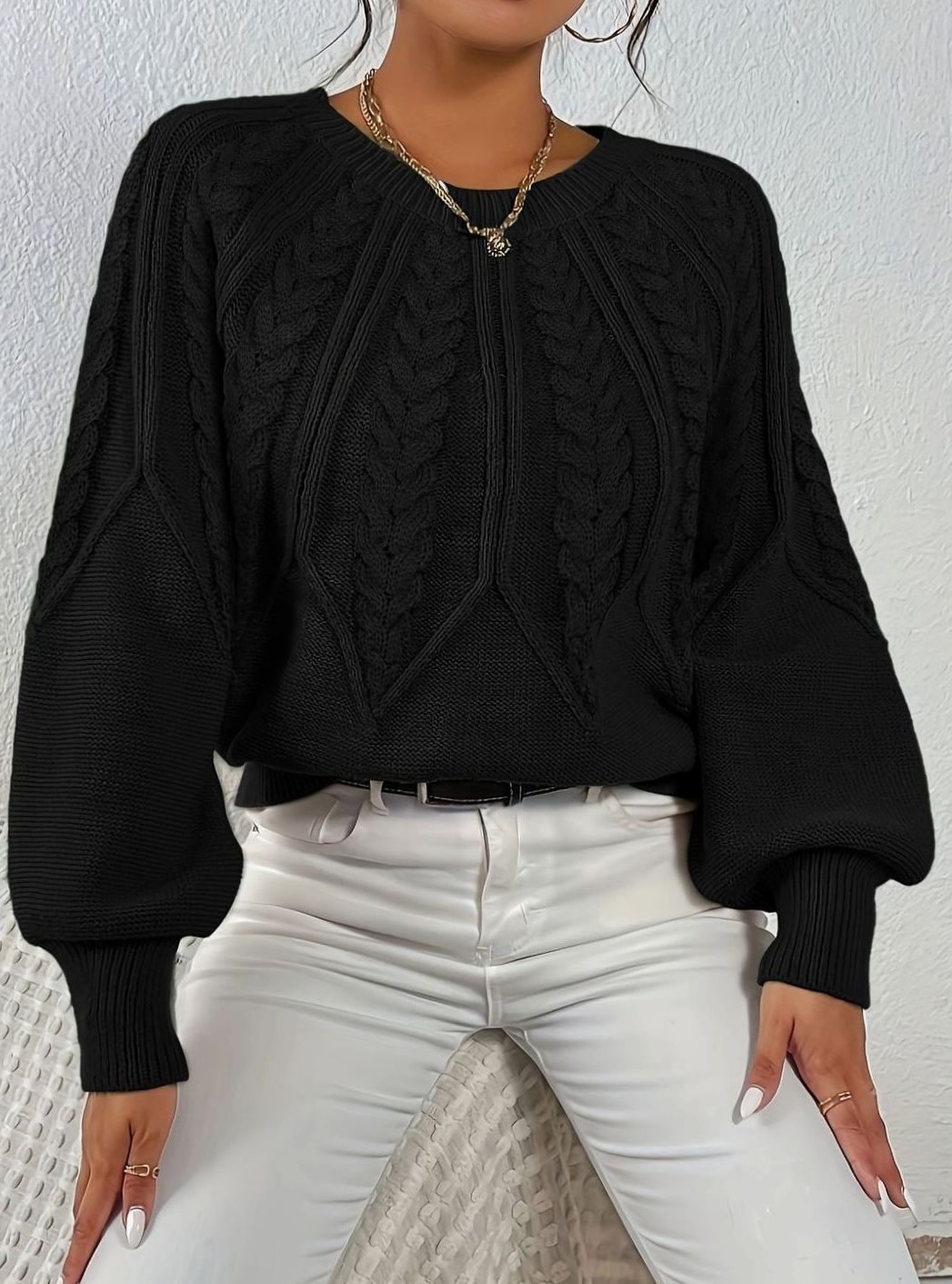 Women's Relaxed Cable-Knit Lantern Sleeve Sweater