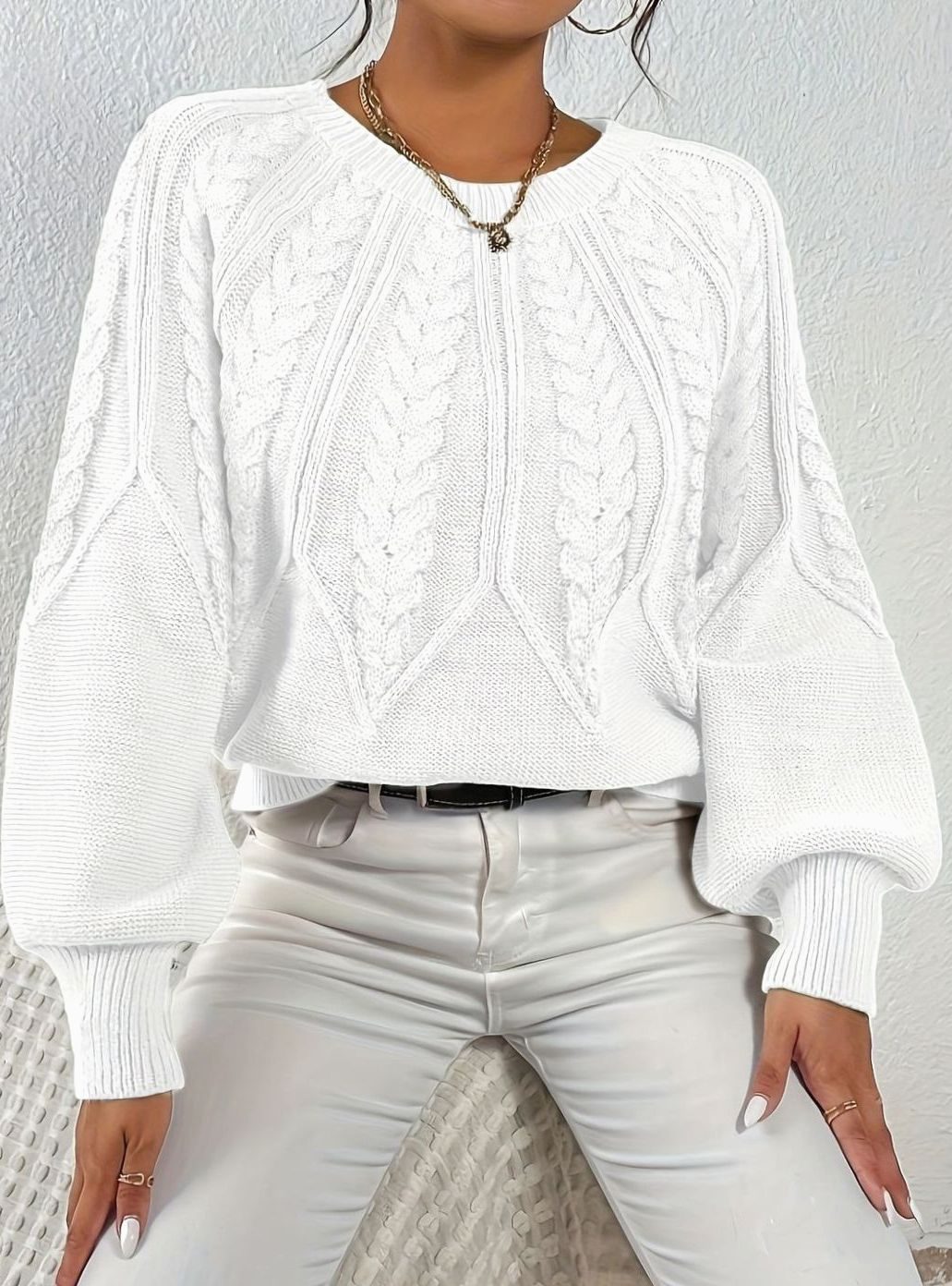 Women's Relaxed Cable-Knit Lantern Sleeve Sweater