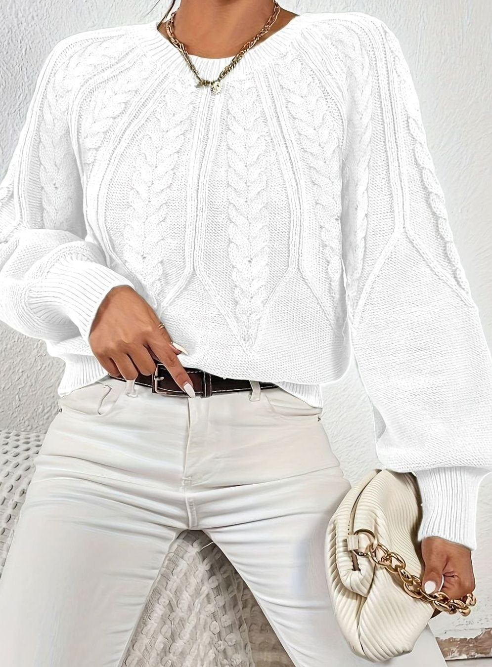 Women's Relaxed Cable-Knit Lantern Sleeve Sweater