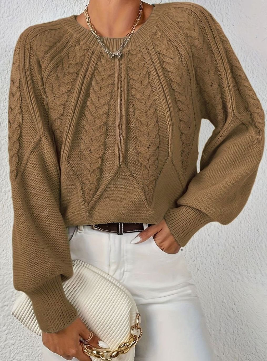 Women's Relaxed Cable-Knit Lantern Sleeve Sweater