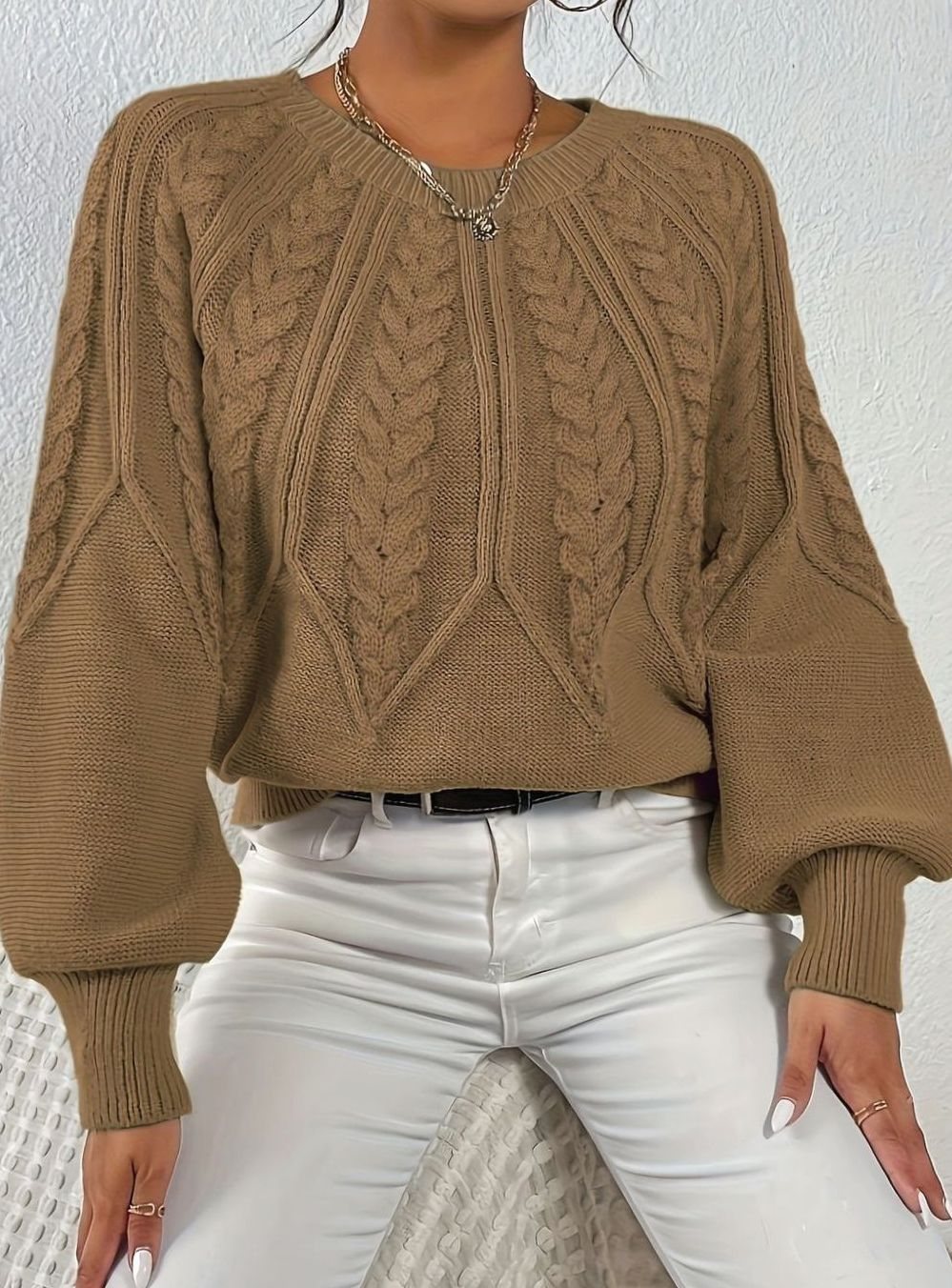 Women's Relaxed Cable-Knit Lantern Sleeve Sweater