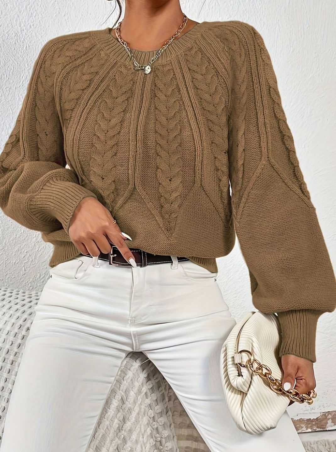 Women's Relaxed Cable-Knit Lantern Sleeve Sweater