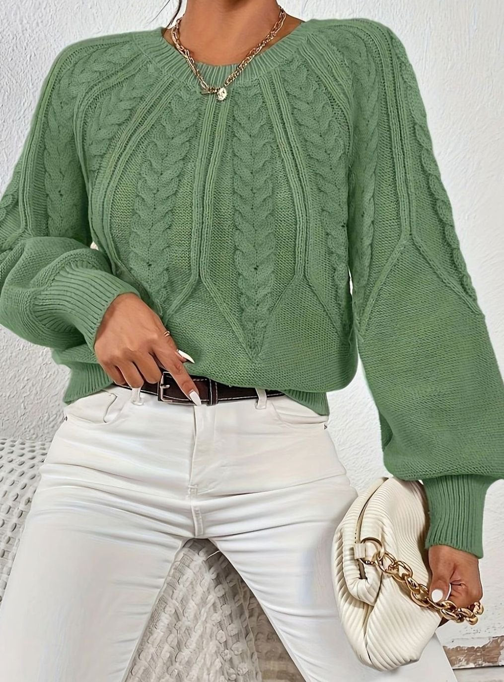 Women's Relaxed Cable-Knit Lantern Sleeve Sweater