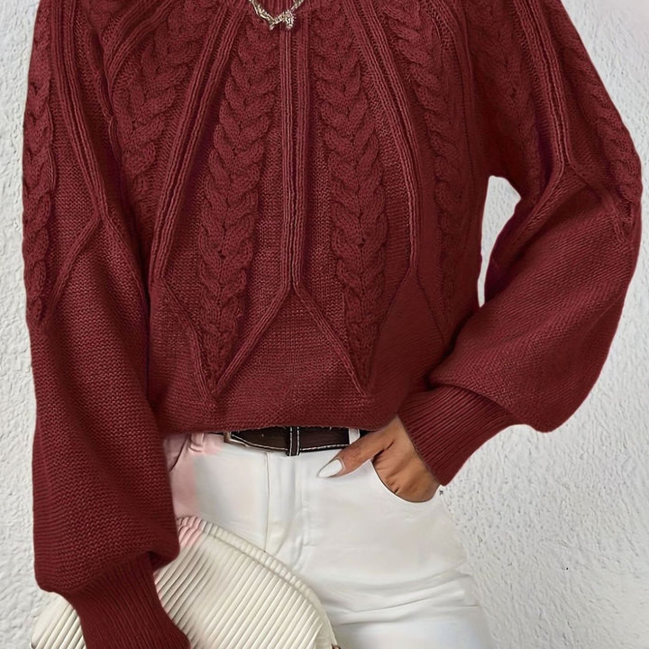 Women's Relaxed Cable-Knit Lantern Sleeve Sweater - Burgundy