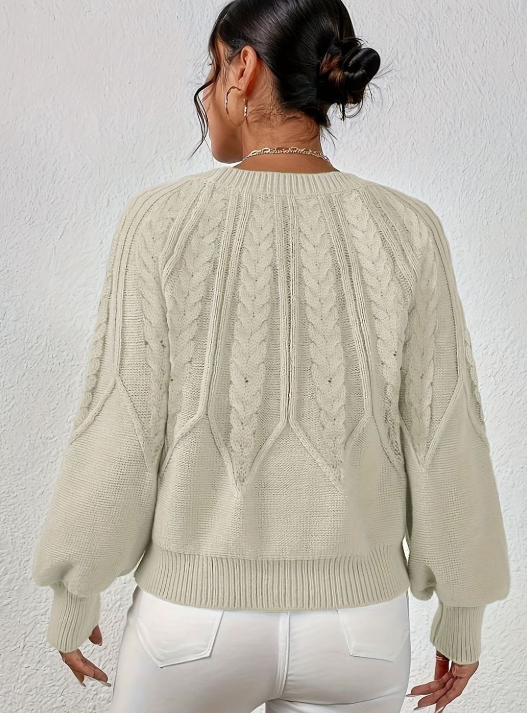 Women's Relaxed Cable-Knit Lantern Sleeve Sweater