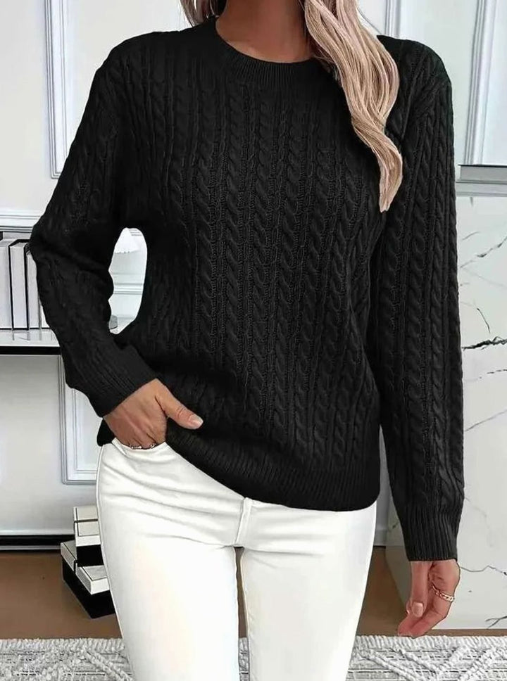 Women's Relaxed Cable Knit Sweater Round Neckline Long Sleeve - Black