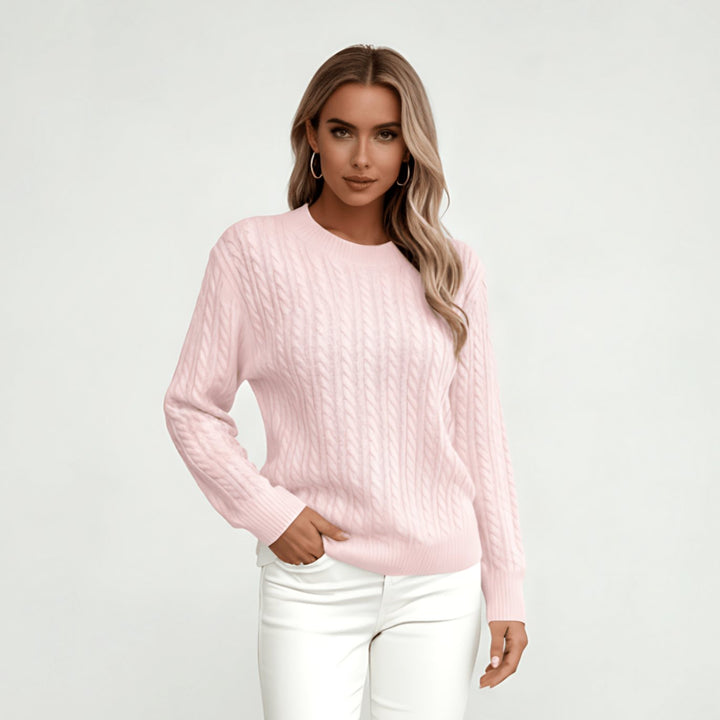Women's Relaxed Cable Knit Sweater Round Neckline Long Sleeve