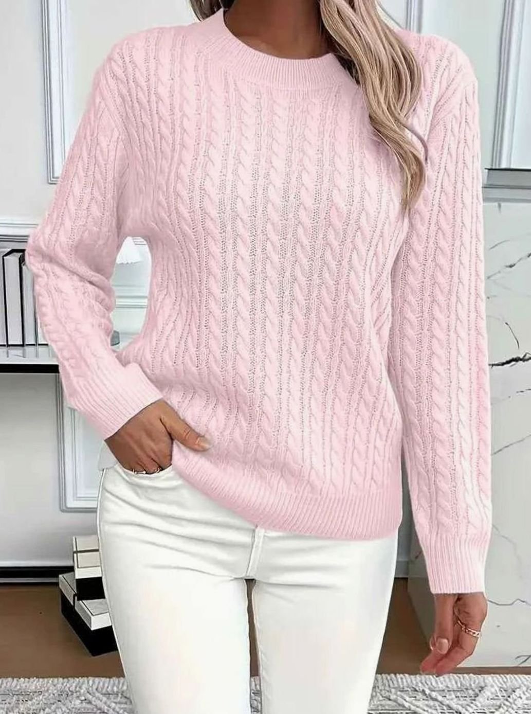 Women's Relaxed Cable Knit Sweater Round Neckline Long Sleeve