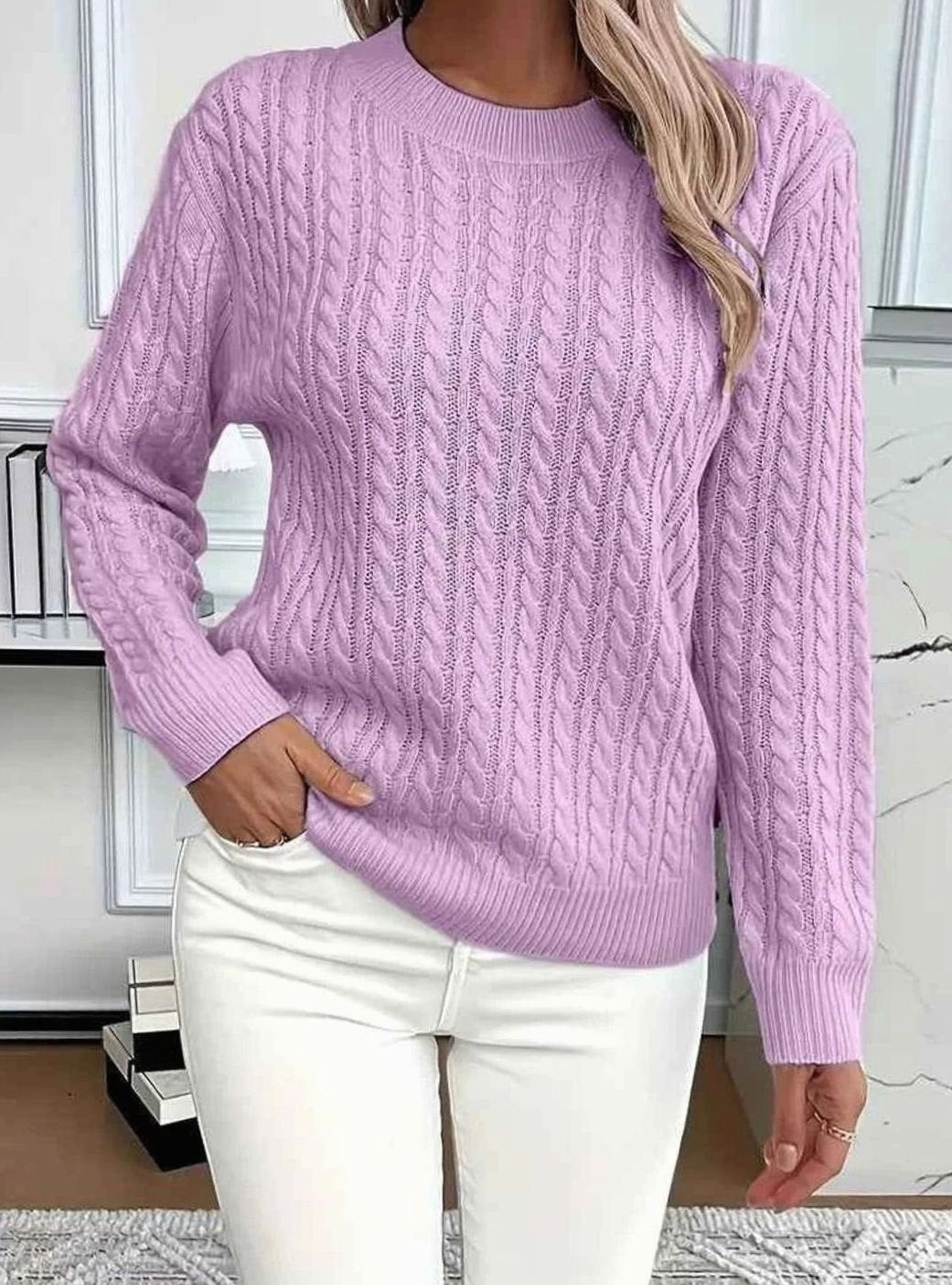 Women's Relaxed Cable Knit Sweater Round Neckline Long Sleeve - Purple