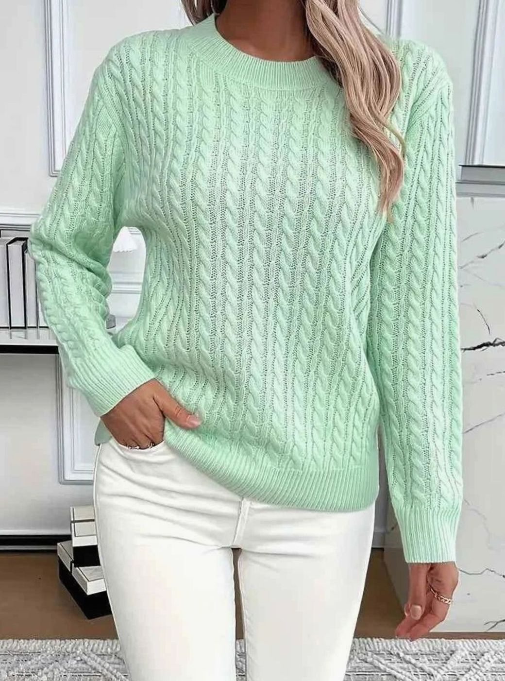 Women's Relaxed Cable Knit Sweater Round Neckline Long Sleeve - Light Green