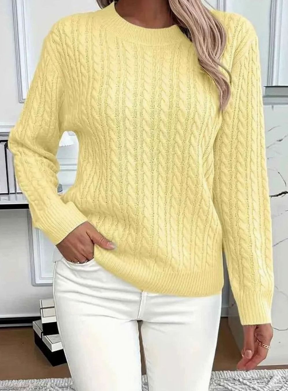 Women's Relaxed Cable Knit Sweater Round Neckline Long Sleeve - Yellow