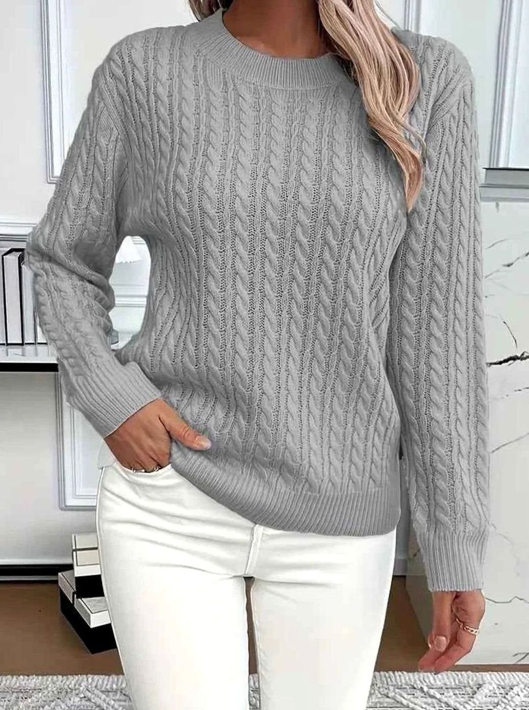 Women's Relaxed Cable Knit Sweater Round Neckline Long Sleeve - Gray
