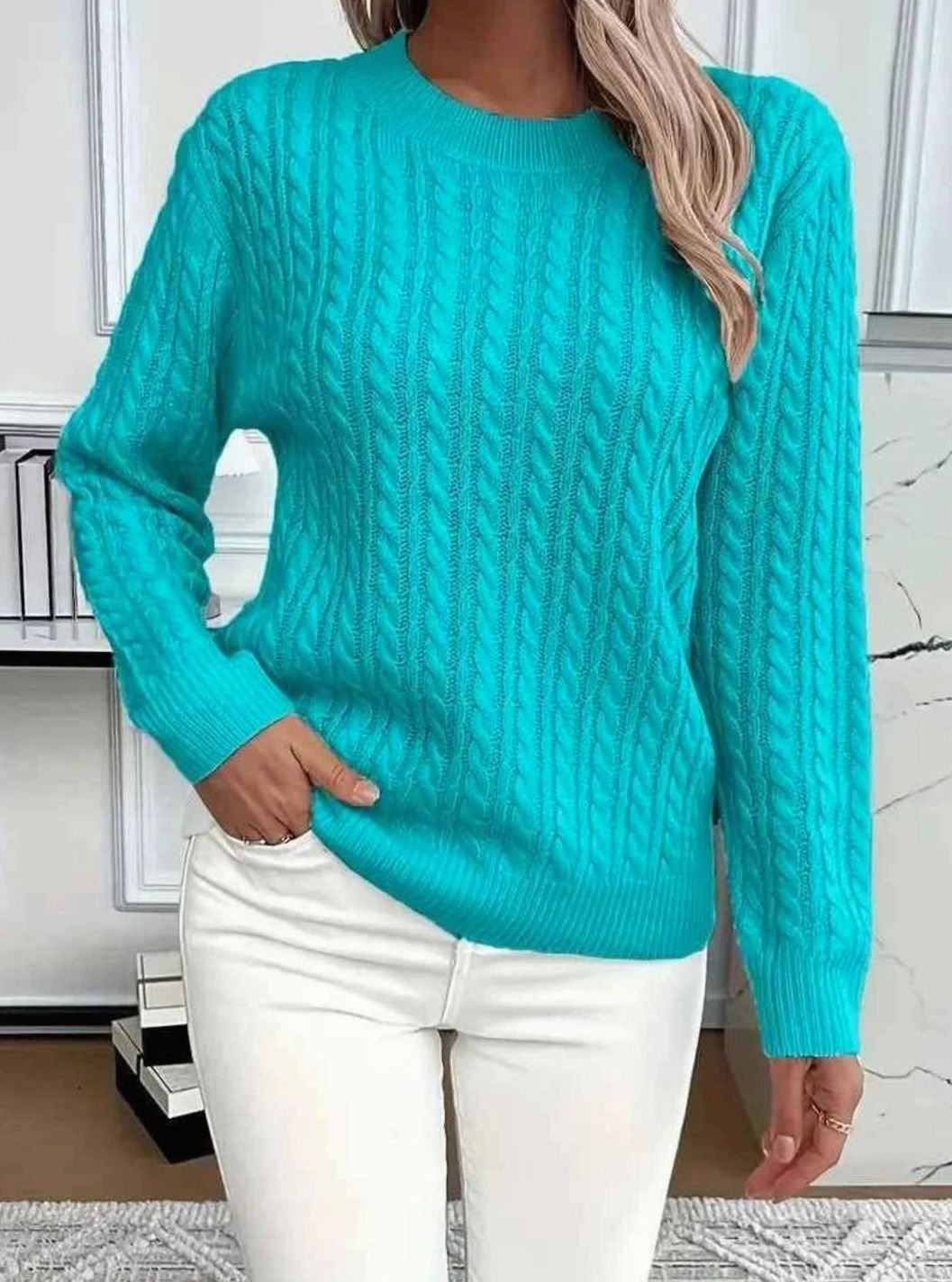 Women's Relaxed Cable Knit Sweater Round Neckline Long Sleeve - Teal