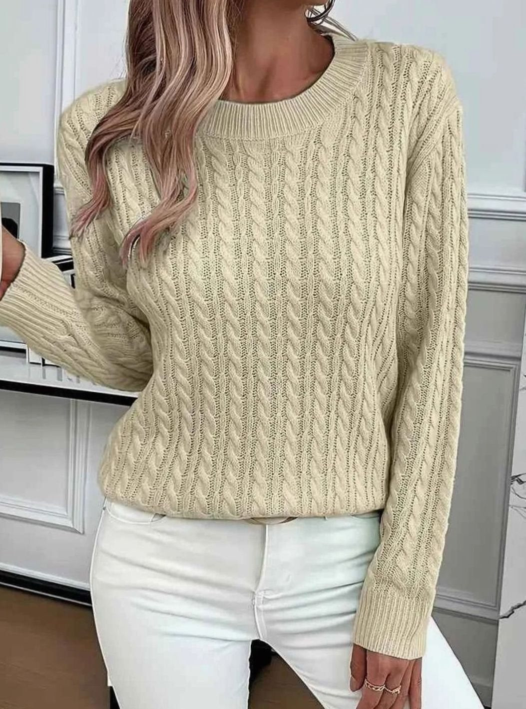 Women's Relaxed Cable Knit Sweater Round Neckline Long Sleeve - Khaki