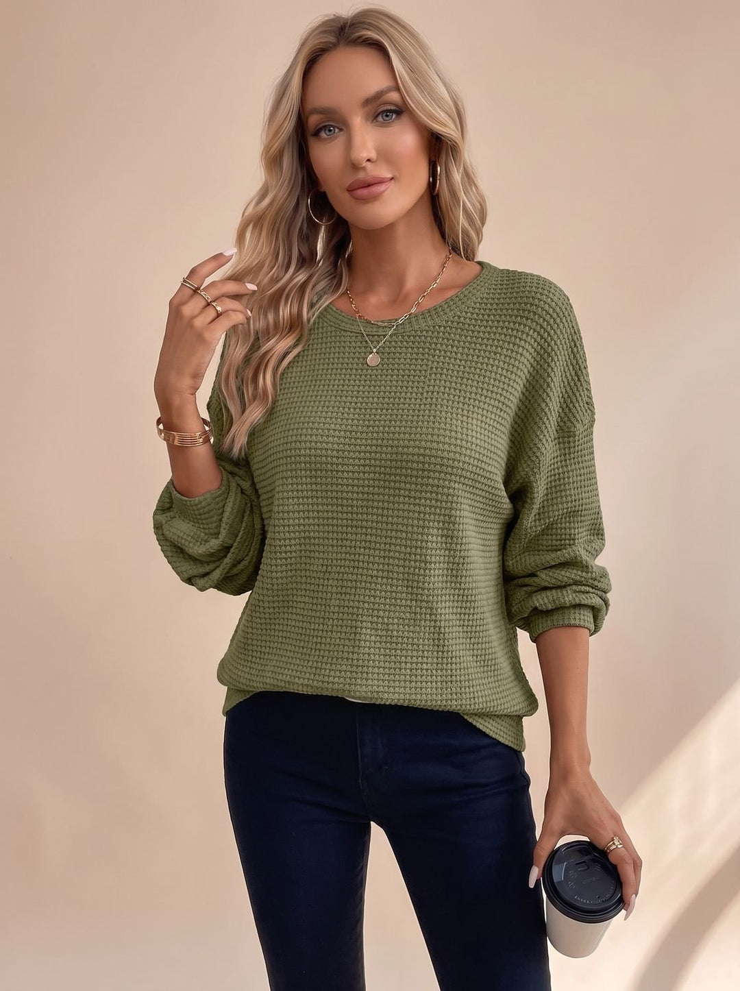 Women's Relaxed Drop-Shoulder Waffle-Knit Crew-Neck Sweater - Fern Green