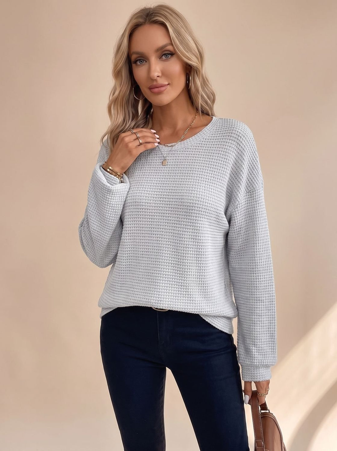 Women's Relaxed Drop-Shoulder Waffle-Knit Crew-Neck Sweater