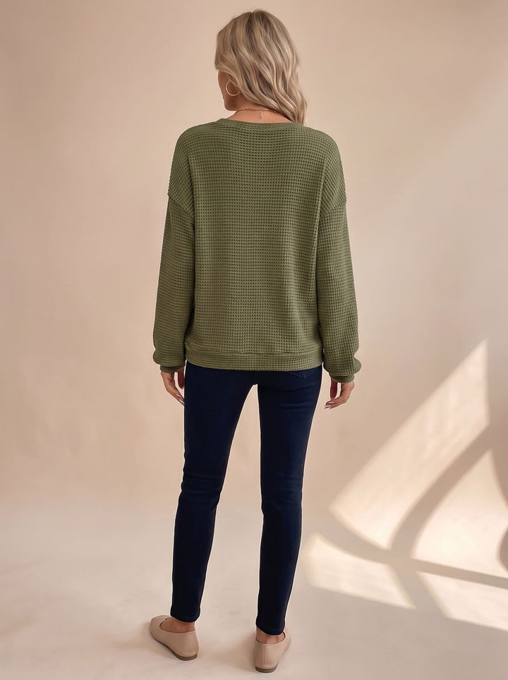 Women's Relaxed Drop-Shoulder Waffle-Knit Crew-Neck Sweater