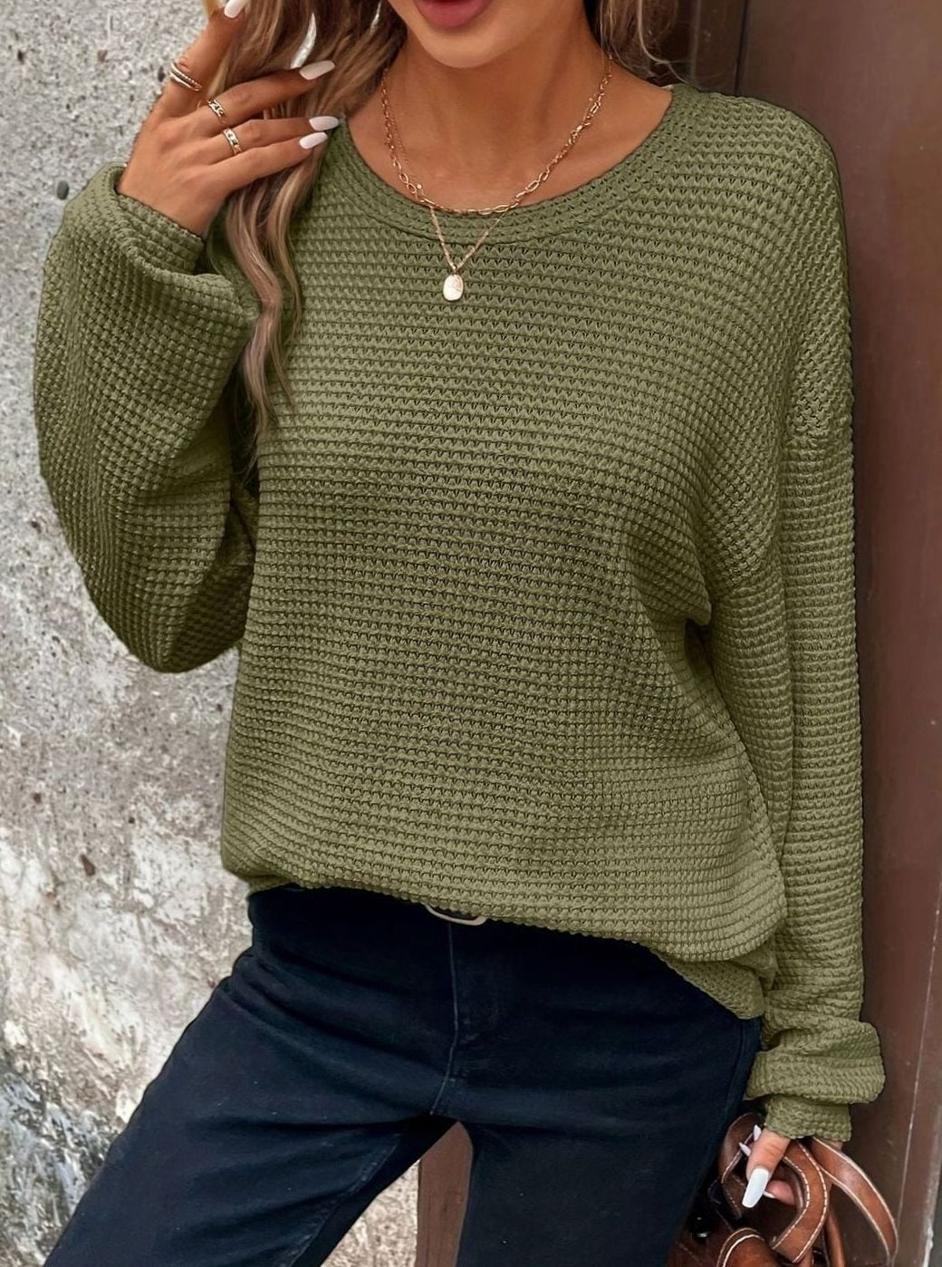 Women's Relaxed Drop-Shoulder Waffle-Knit Round-Neck Sweater