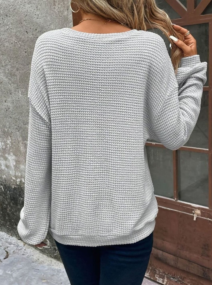 Women's Relaxed Drop-Shoulder Waffle-Knit Round-Neck Sweater