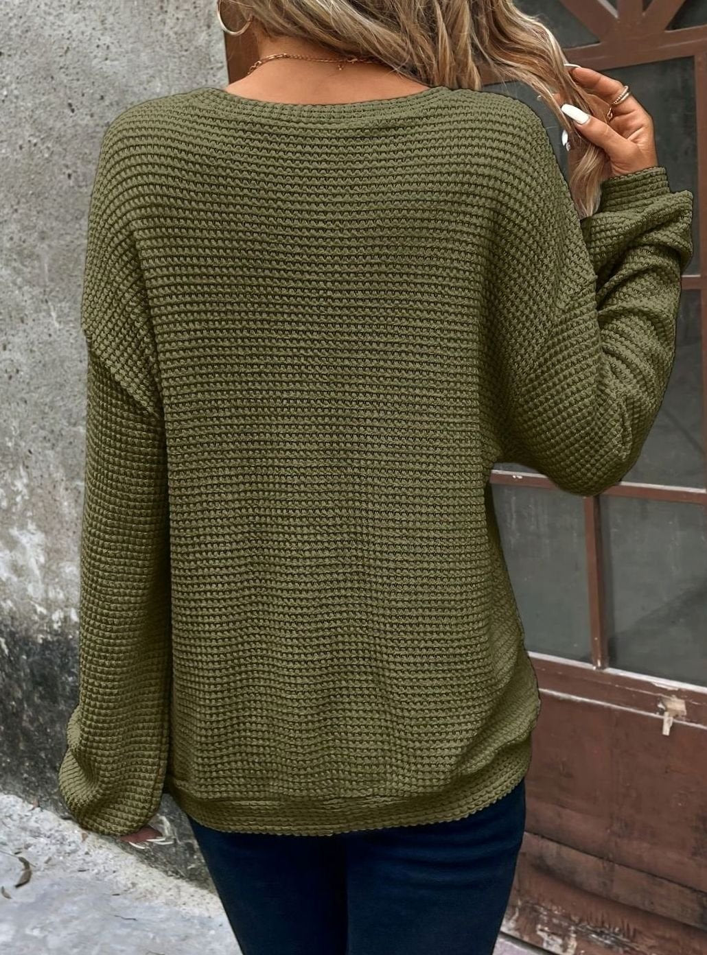 Women's Relaxed Drop-Shoulder Waffle-Knit Round-Neck Sweater