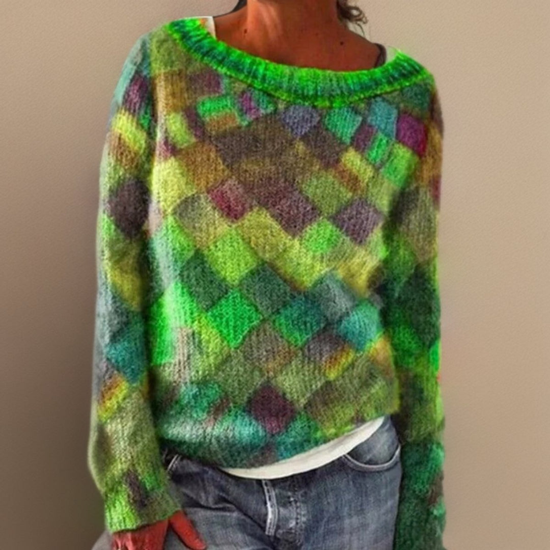 Women's Relaxed-Fit Argyle Colorblock Knit Sweater - Green