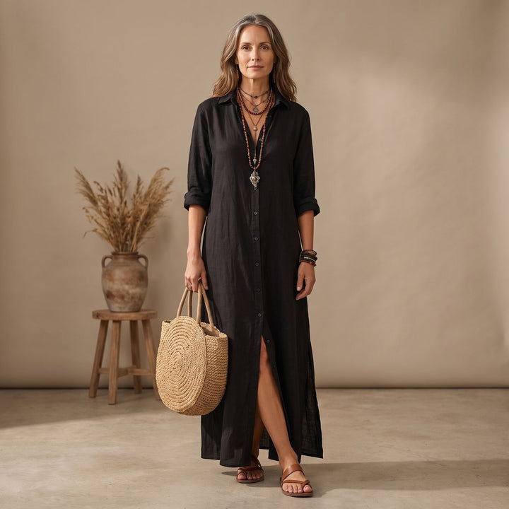 Women's Relaxed-Fit Button-Down Collared Maxi Dress - Black
