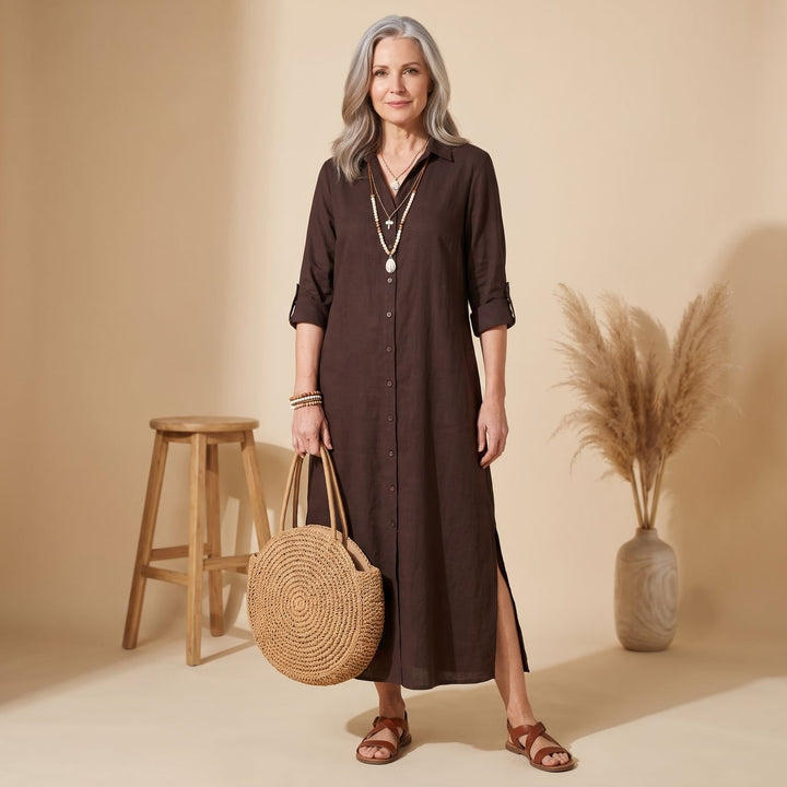 Women's Relaxed-Fit Button-Down Collared Maxi Dress - Coffee Brown