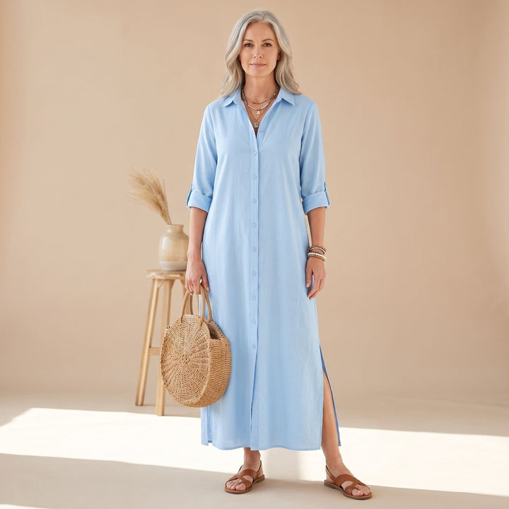 Women's Relaxed-Fit Button-Down Collared Maxi Dress - Blue