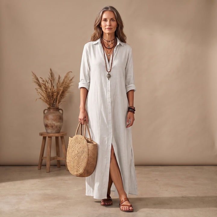 Women's Relaxed-Fit Button-Down Collared Maxi Dress - White