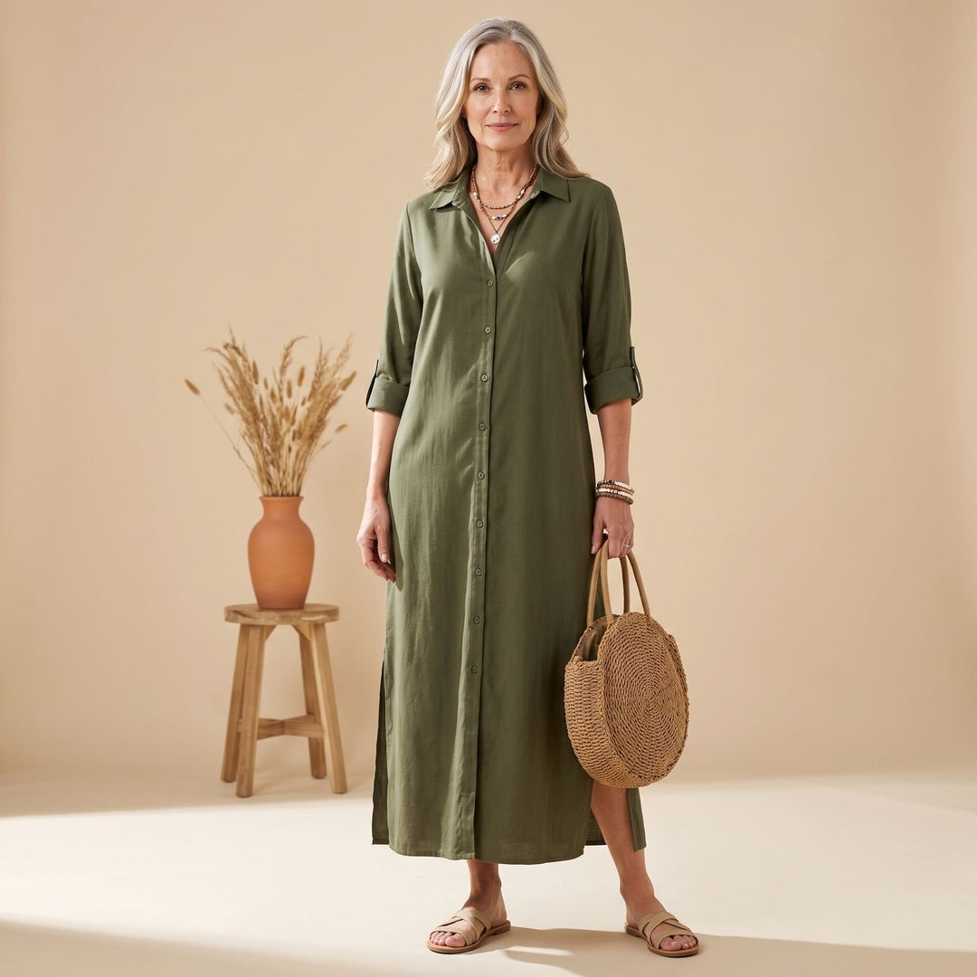 Women's Relaxed-Fit Button-Down Collared Maxi Dress - Green