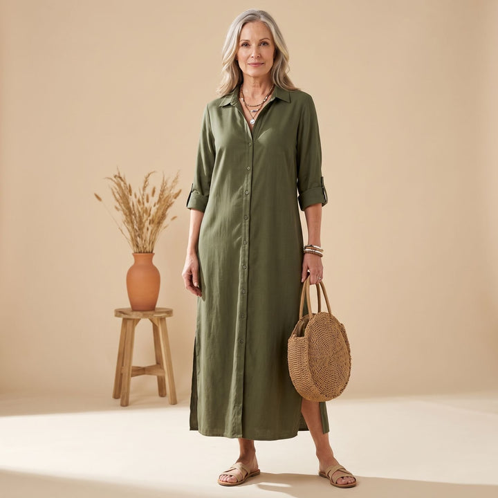 Women's Relaxed-Fit Button-Down Collared Maxi Dress - Green