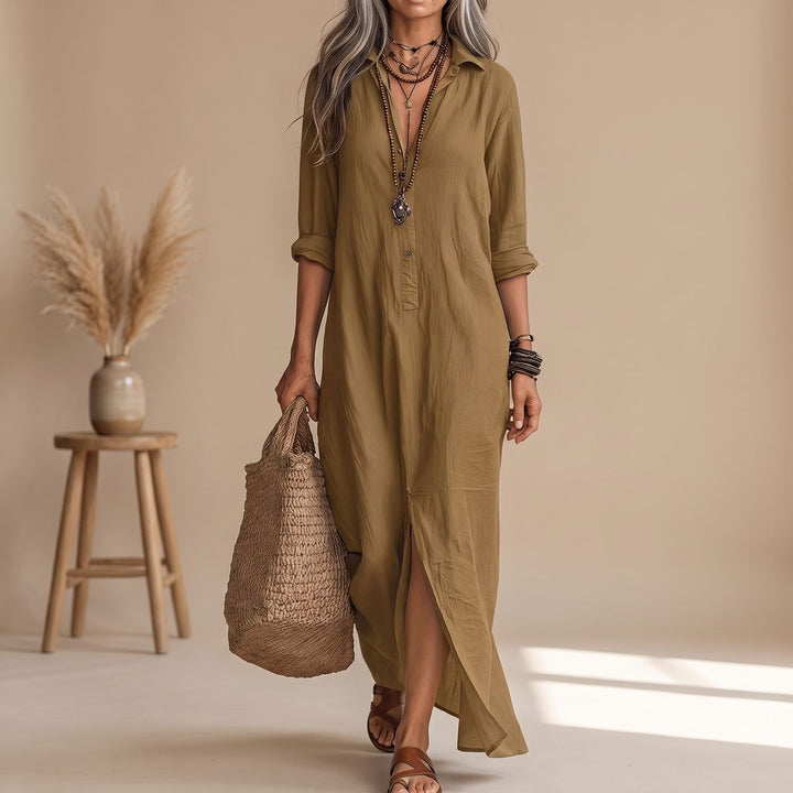 Women's Relaxed-Fit Button-Down Collared Maxi Dress - Khaki