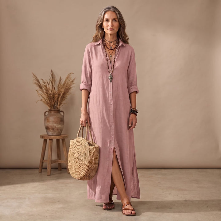 Women's Relaxed-Fit Button-Down Collared Maxi Dress - Pink