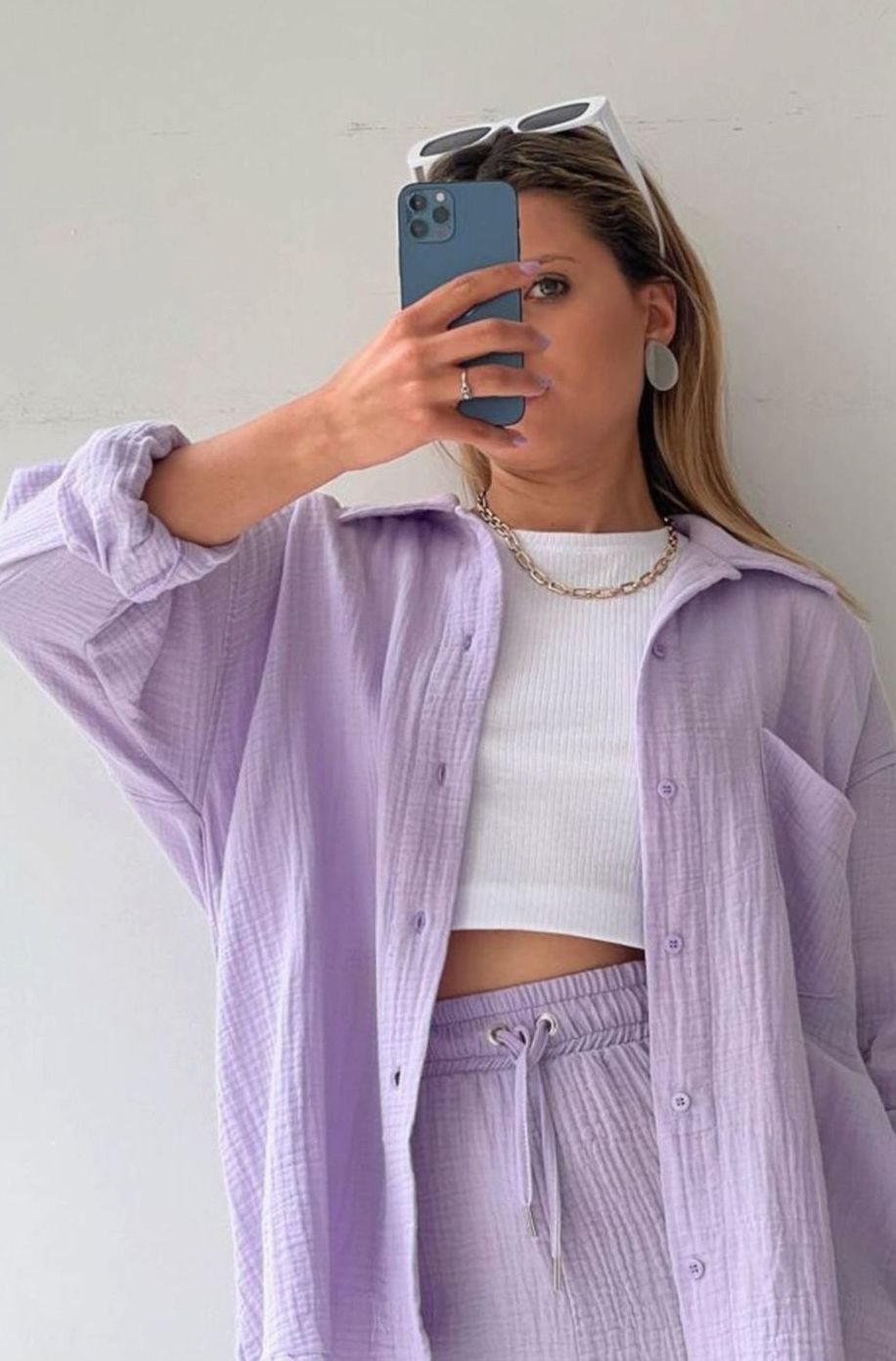 Women's Relaxed-Fit Button-Down Shirt Shorts Two-Piece Set - Purple