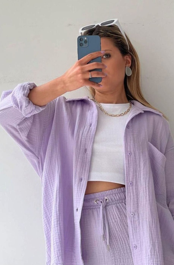 Women's Relaxed-Fit Button-Down Shirt Shorts Two-Piece Set - Purple
