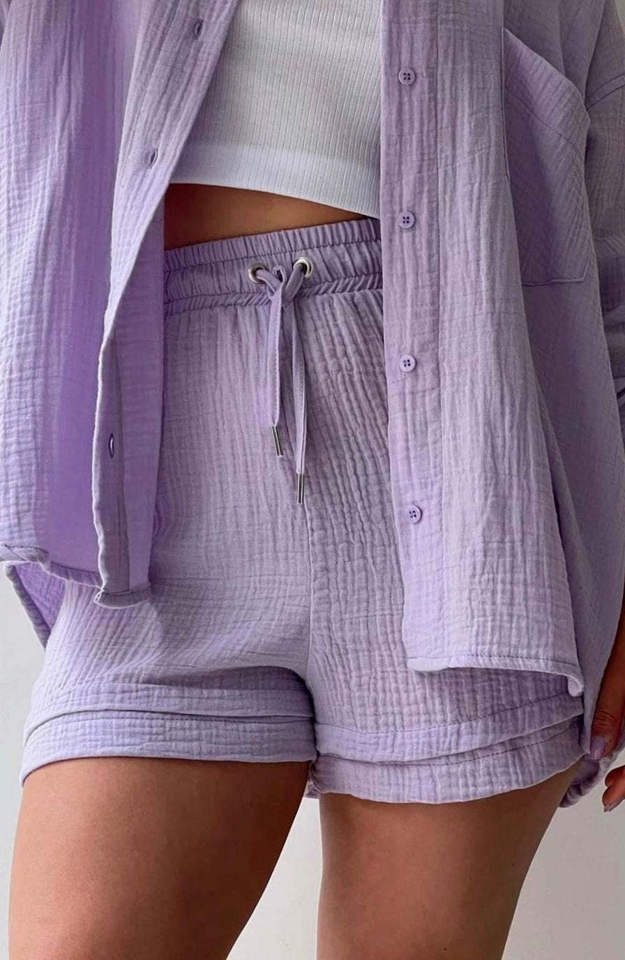 Women's Relaxed-Fit Button-Down Shirt Shorts Two-Piece Set - Purple
