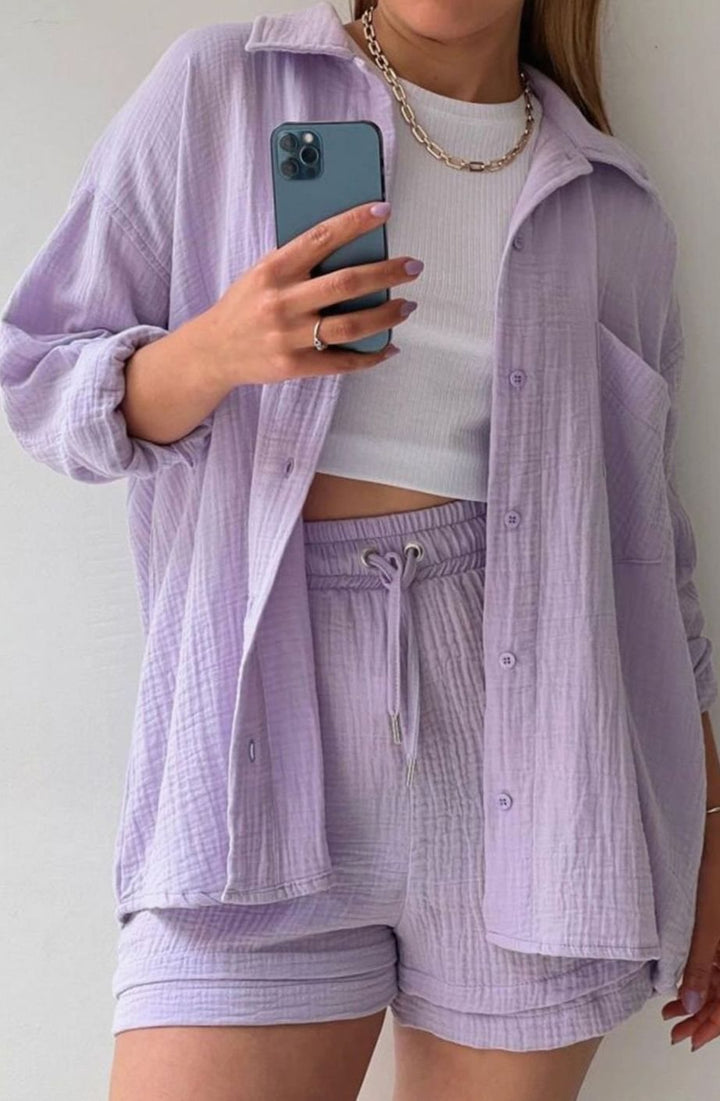 Women's Relaxed-Fit Button-Down Shirt Shorts Two-Piece Set - Purple