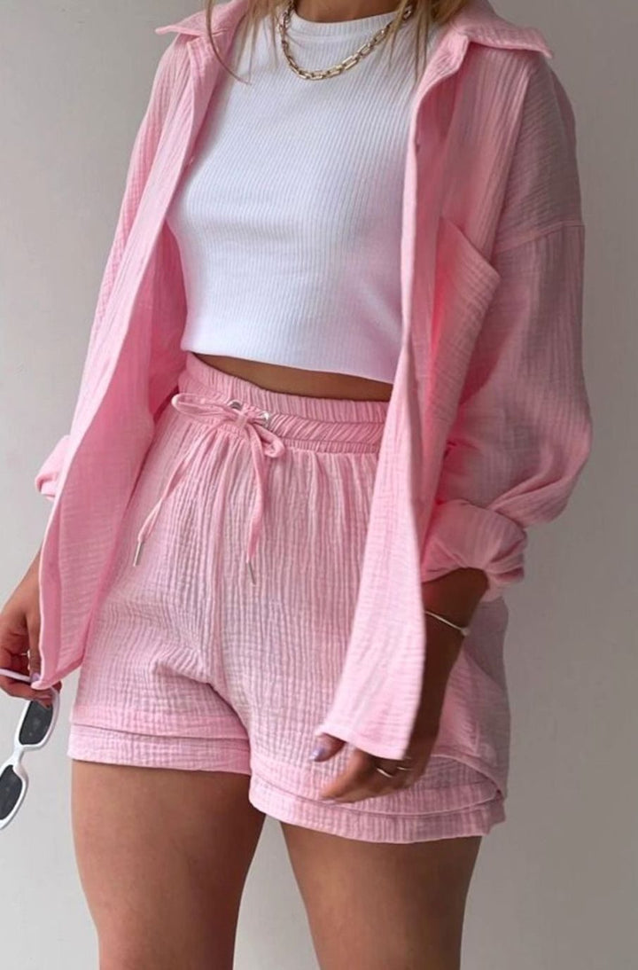Women's Relaxed-Fit Button-Down Shirt Shorts Two-Piece Set - Pink