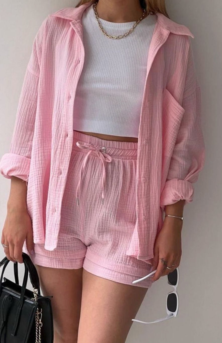 Women's Relaxed-Fit Button-Down Shirt Shorts Two-Piece Set - Pink