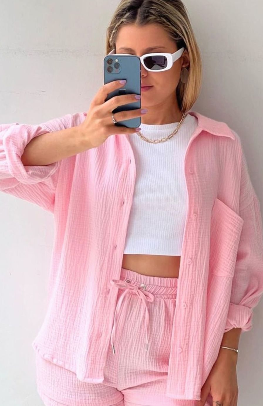 Women's Relaxed-Fit Button-Down Shirt Shorts Two-Piece Set - Pink