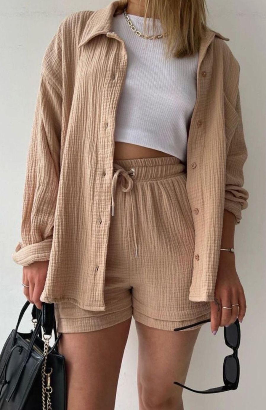 Women's Relaxed-Fit Button-Down Shirt Shorts Two-Piece Set - Khaki