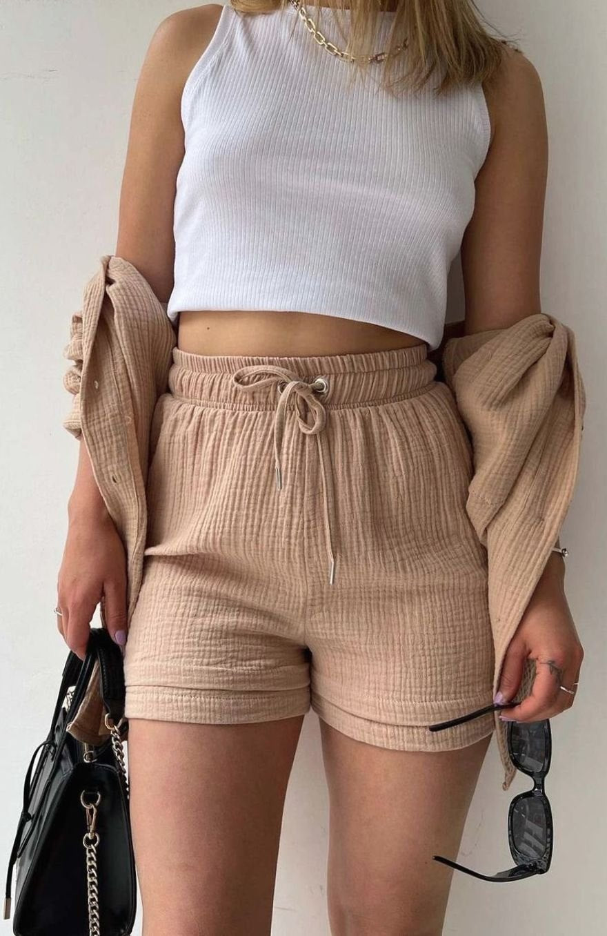 Women's Relaxed-Fit Button-Down Shirt Shorts Two-Piece Set - Khaki