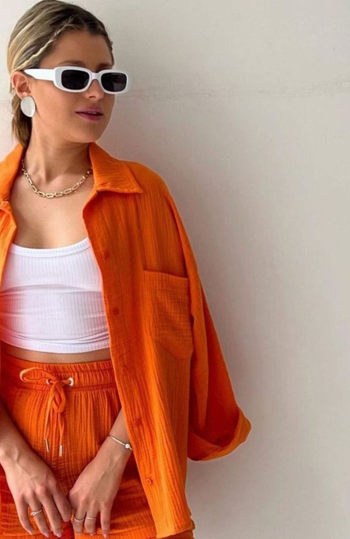 Women's Relaxed-Fit Button-Down Shirt Shorts Two-Piece Set - Orange