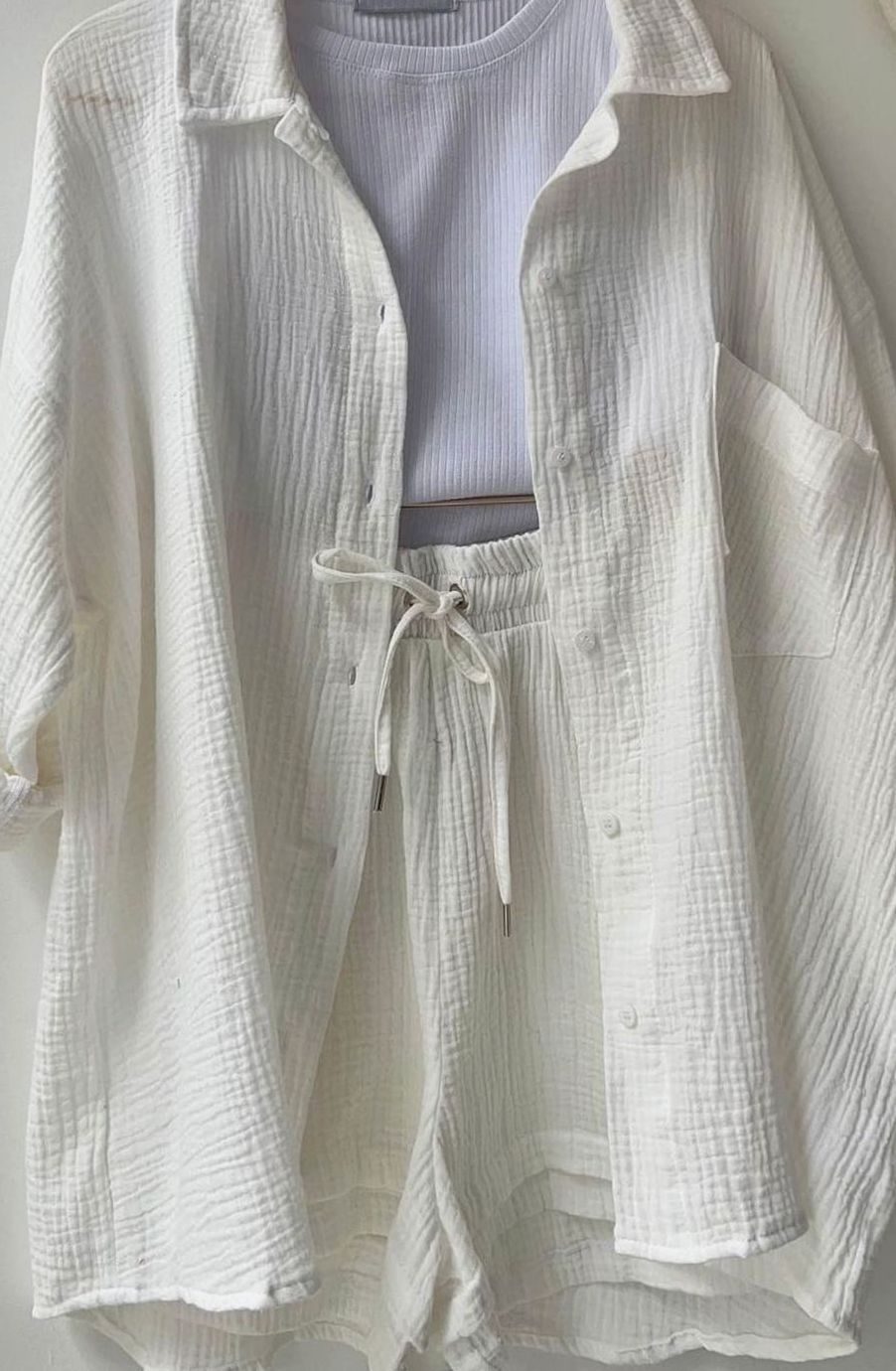 Women's Relaxed-Fit Button-Down Shirt Shorts Two-Piece Set - White